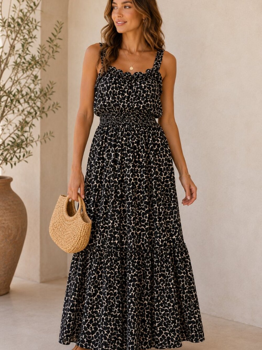 Who What Wear Black Abstract Print Maxi Dress XL Smocked Waist Tiered Flowy